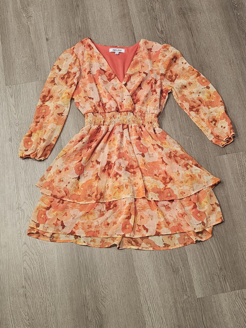 Mimi Chica Coral Orange Floral Tiered Mini Dress